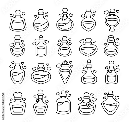 Love potion. Coloring Page. Stoppered glass bulb with heart. Aphrodisiac flask. Valentine's day. Hand drawn style. Vector drawing. Collection of design elements.