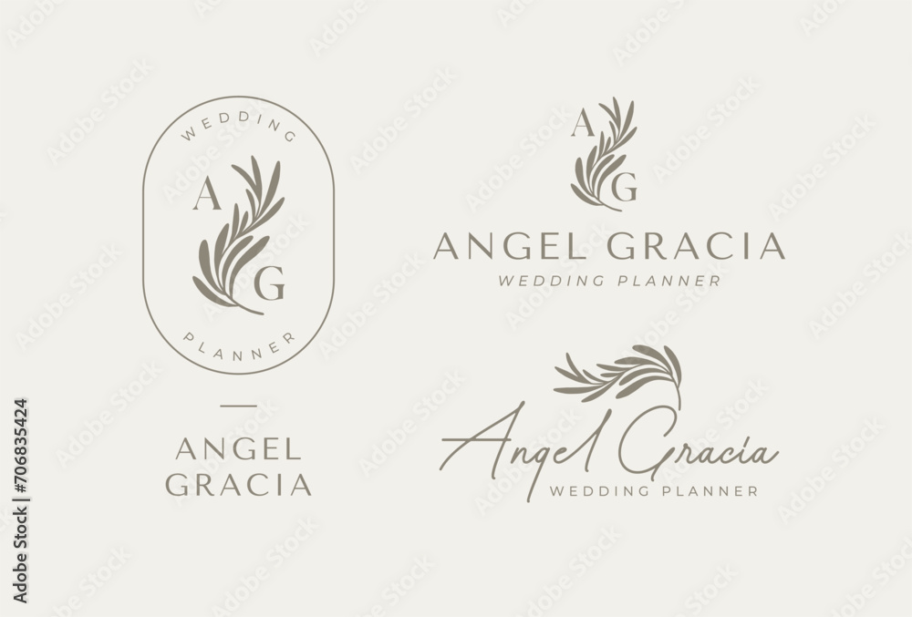 Fototapeta premium Hand drawn feminine botanical logo design template.