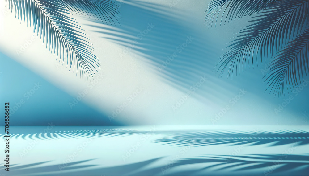 Serene Tropical Shadow Wallpaper – Palm Fronds Pattern with Blue Gradient Background.background, abstract, gradient, leaf, palm, shadow, blue, backdrop, tropical, plant, light, foliage, natural