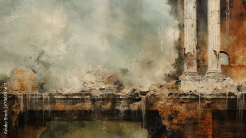 A detailed view of a ruined painting, its colors blurred and streaked from water contact, highlighting the theme of destruction and deterioration.