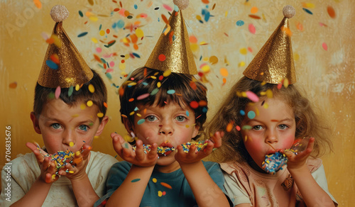 kids in party hats and confetti