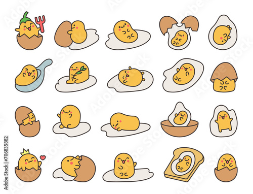 Kawaii yolk with funny face. Cartoon egg character for breakfast. Hand drawn style. Vector drawing. Collection of design elements.