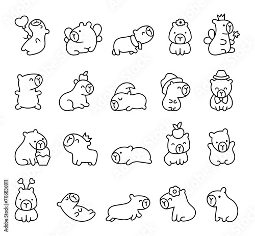 Kawaii happy capybara. Coloring Page. Cute cartoon funny animals character. Hand drawn style. Vector drawing. Collection of design elements.