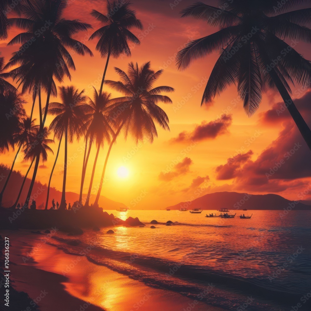 palm trees silhouette on sea beach sunset landscape