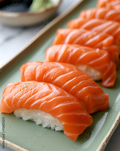 Salmon sushi is neatly arranged on a light green plate, The table used is white table top.