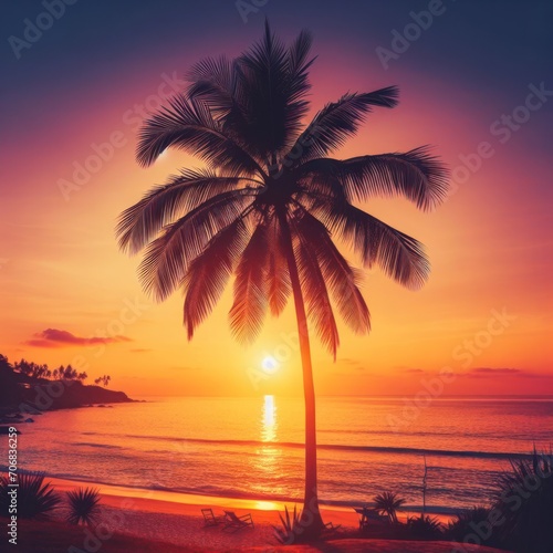 palm trees silhouette on sea beach sunset landscape © Suman