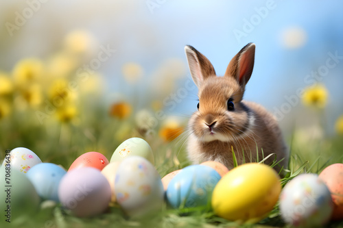 Cute easter bunny and easter eggs in the meadow. Easter decoration  easter greeting card  poster or background. Generative AI.
