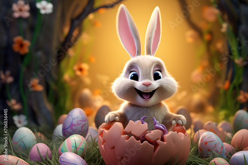 Happy easter bunny and easter eggs in cartoon style. Easter decoration, easter greeting card, poster or background. Generative AI.