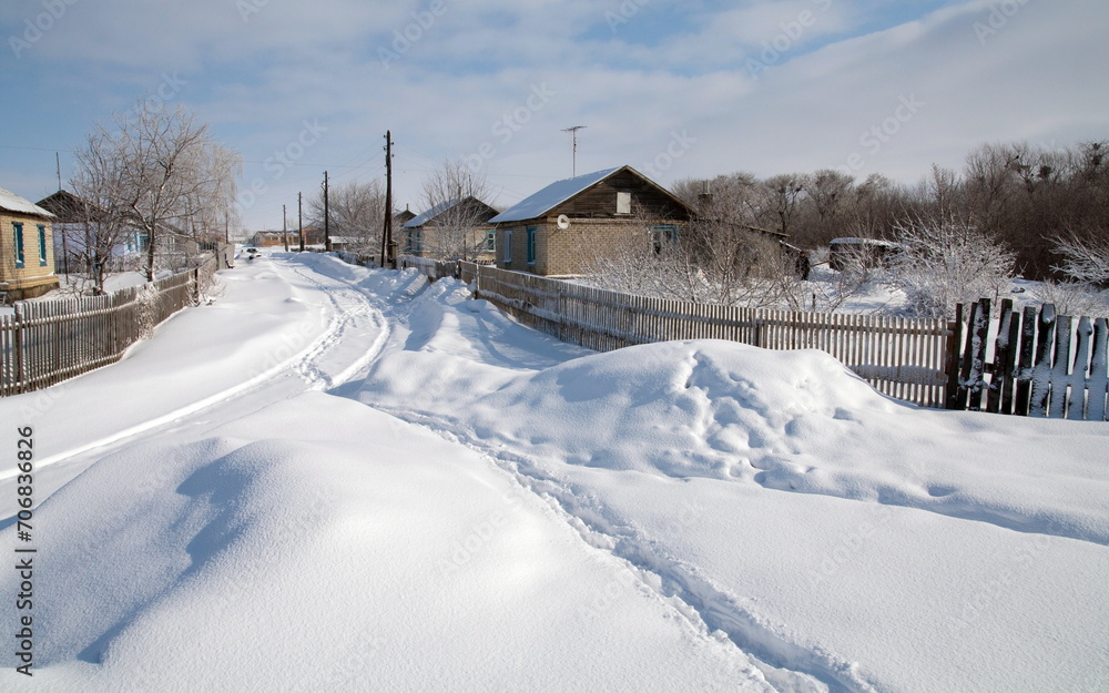 Village street Znamensky village Ivanteevsky district, Saratov region Sunny winter day