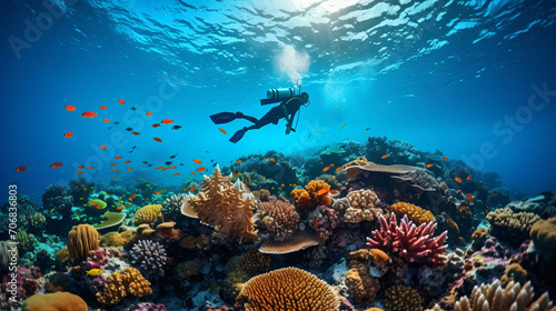 Man dives and swims underwater near the vivid coral reef