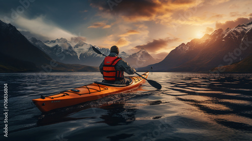 Man on a sea kayak is paddling in the ocean during a colorful and vibrant sunset