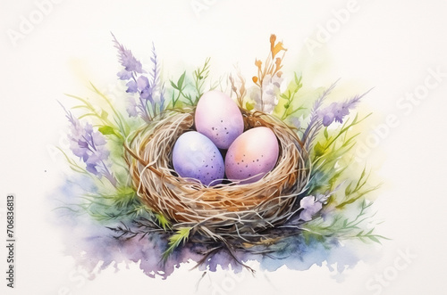 Colorful of easter eggs in nest in watercolor painted style. Easter decoration, easter card, top view background. Generative AI.