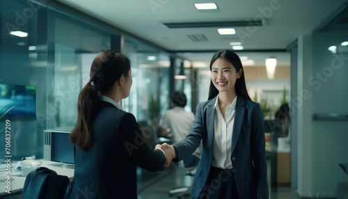 businesswoman shaking hands with business coworker photo