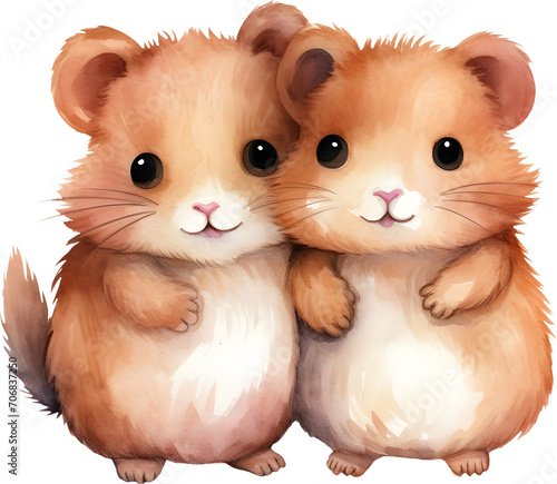 Watercolor 2 little cute smiling mouse hamster couple hugging isolated clipart for pet animal love design decoration