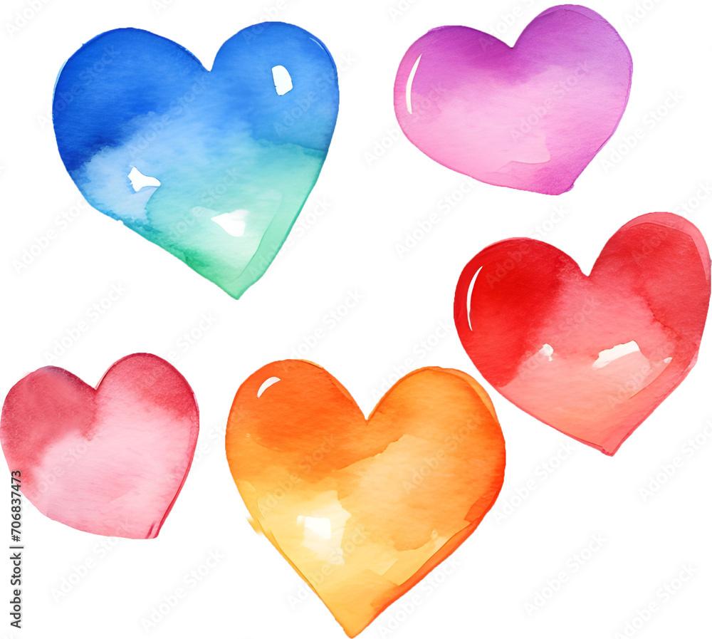 Watercolor illustration of flying colorful hearts isolated clipart for valentine decoration design