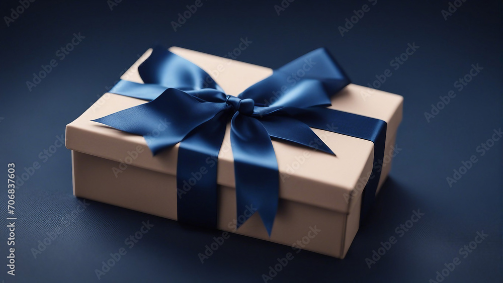 AI produced a little luxury present box with a blue ribbon on a dark blue table. AI produced a little luxury present box with a blue ribbon on a dark blue table.