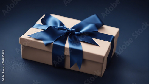 AI produced a little luxury present box with a blue ribbon on a dark blue table.