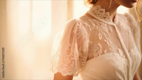 Closeup of delicate lace detailing on the sleeve of a vintage dress. photo