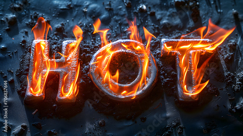 Flaming hot word with fiery letters on dark, smoky background, intense heat or bbq concept photo