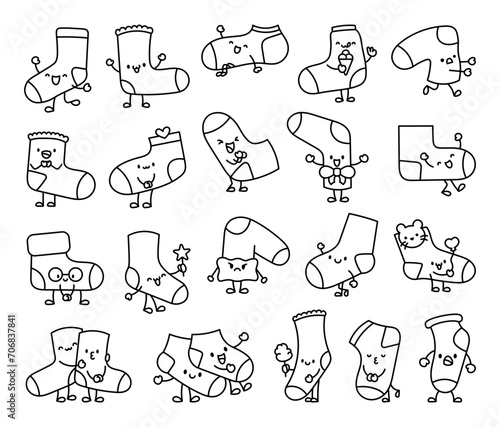 Cute happy sock cartoon character. Coloring Page. Fashion woolen underwear, textile accessories. Hand drawn style. Vector drawing. Collection of design elements.