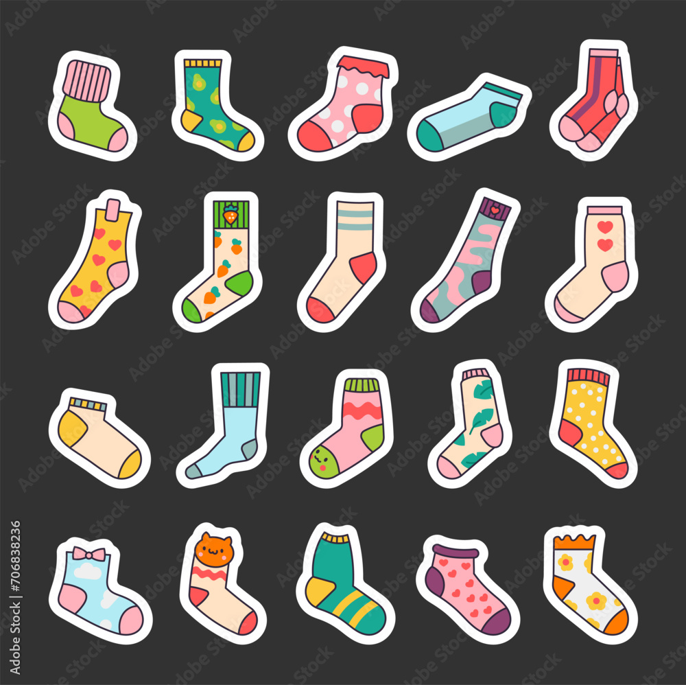 Winter warm socks. Sticker Bookmark. Stylish cotton and woolen with different textures. Hand drawn style. Vector drawing. Collection of design elements. Winter warm socks. Sticker Bookmark. Stylish cotton and woolen with different textures. Hand drawn style. Vector drawing. Collection of design elements.