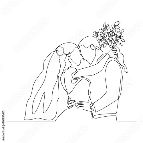 Continuous single line sketch drawing of romantic wedding couple groom and bride elegant suit and dress. One line art of  married couple wedding celebration day hug kiss pose vector illustration