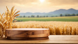 wooden podium for product presentation with blurry cornfield background