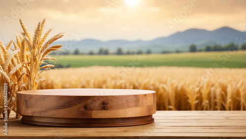 wooden podium for product presentation with blurry cornfield background