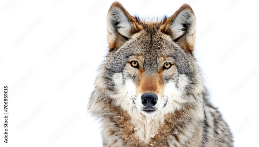 Fototapeta premium Young wolf staring at its pray. Isolated on white
