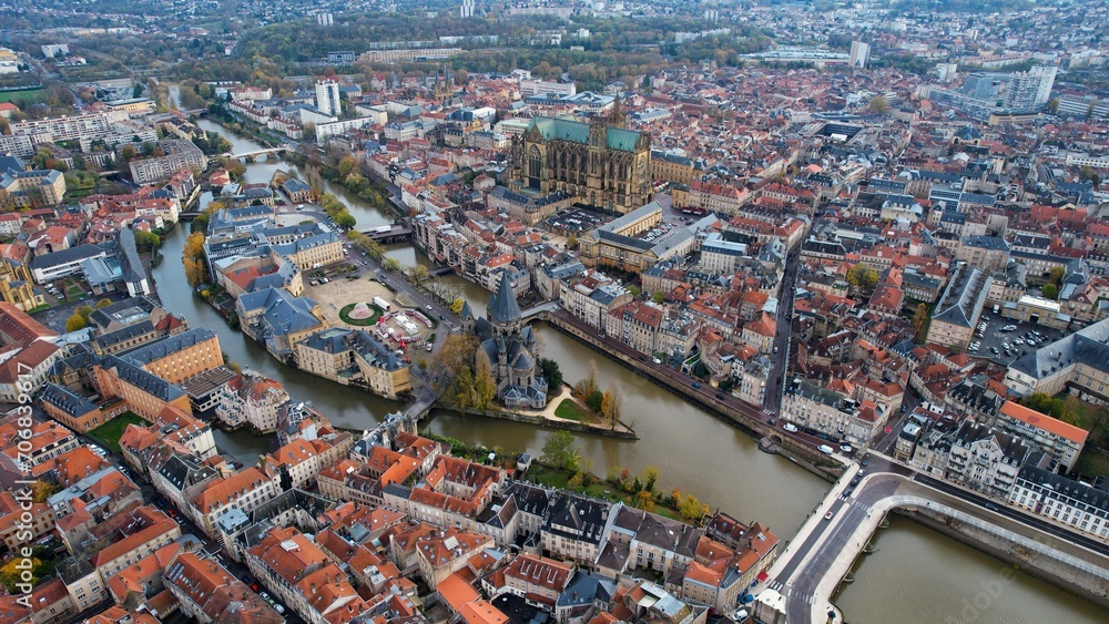 Aerial view of the old town of Metz on a cloudy morning in later autumn.	
