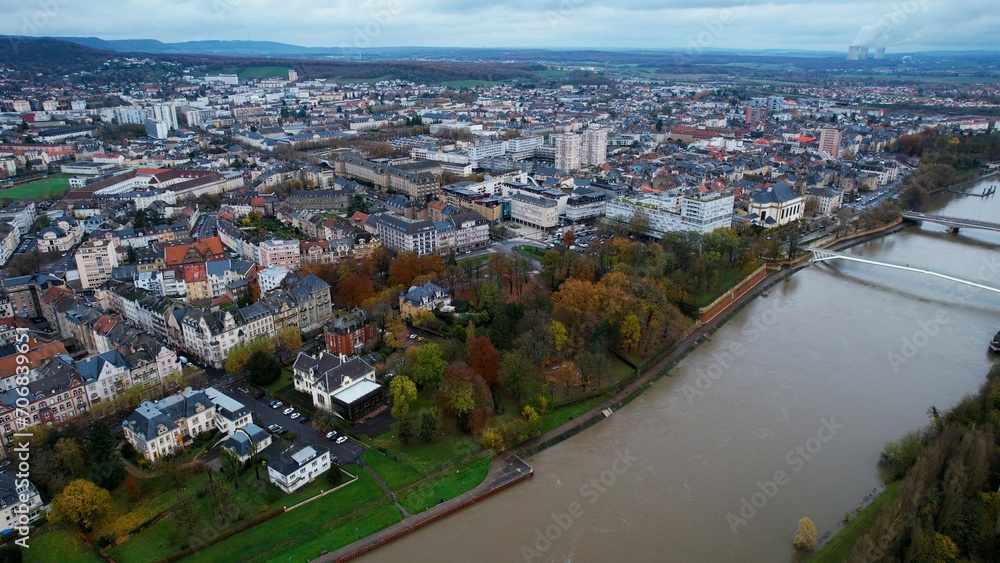Aerial view of the old town of Thionville on a cloudy morning in later autumn.	