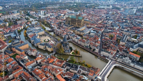 Aerial view of the old town of Metz on a cloudy morning in later autumn. 