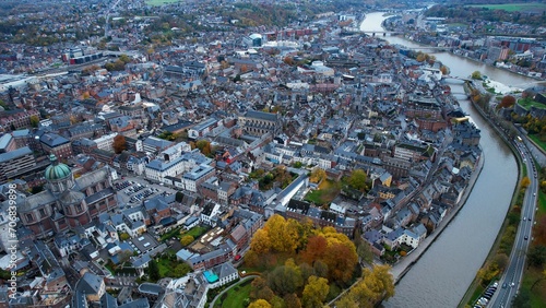 Aerial view of the old town of Namur on a cloudy day in late autumn. 