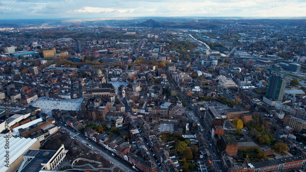 Aerial view of the old town of Charleroi on a cloudy day in late autumn.	
