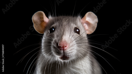 close up gray rat on black background