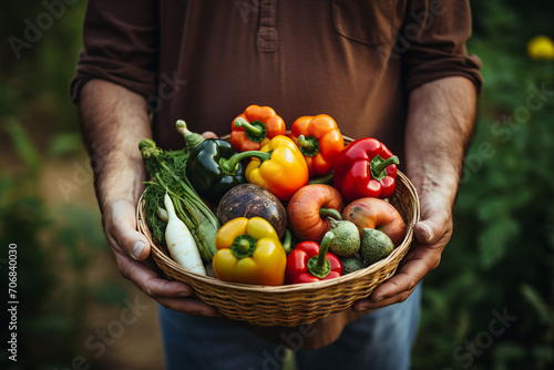 Farmer holding basket of organic vegetables in farm