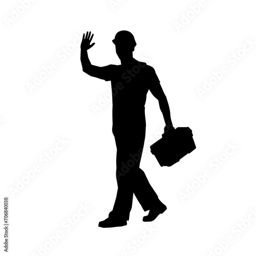 Silhouette of man in construction worker costume. Silhouette of construction worker male in pose. 
