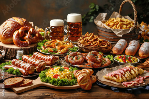 Bavarian delights featuring hearty portions of sausages, pretzels and delectable schnitzel