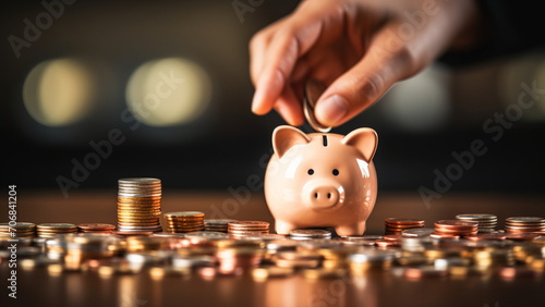 Close-up hand put coin in piggy bank with Generative AI