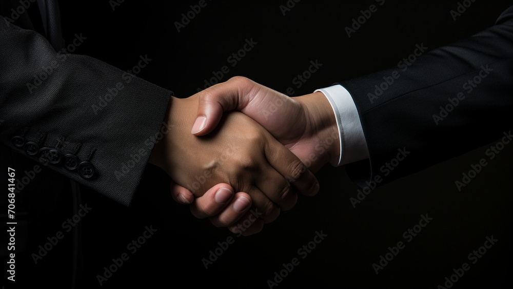 Two businessmen shake hands indicating that the agreement is successful with Generative AI