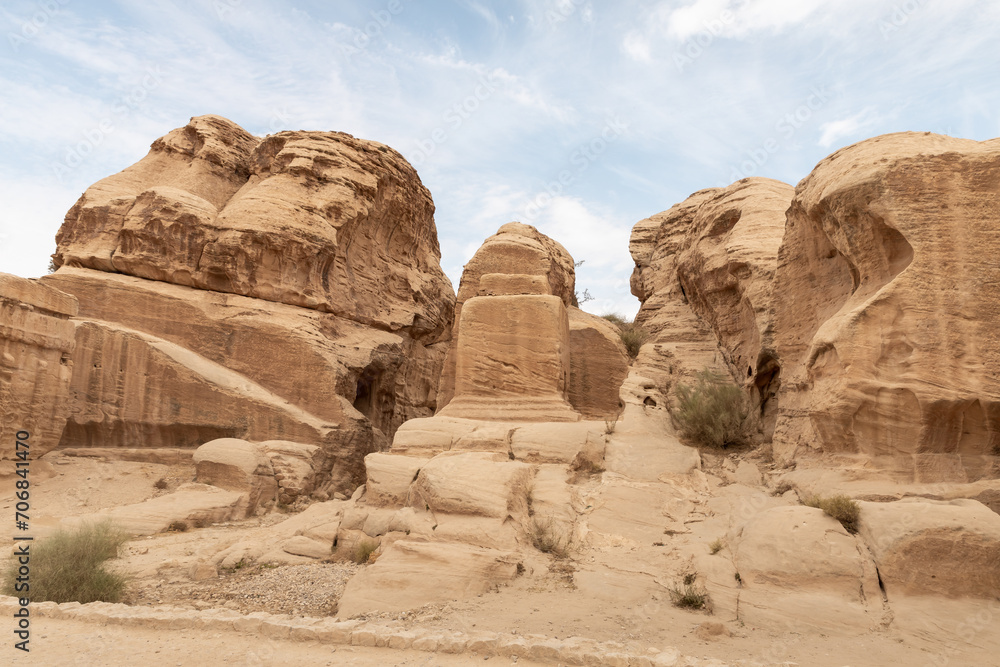 Guardian stones of Djinn blocks on outskirts of capital of Nabatean kingdom of Petra in Wadi Musa city in Jordan