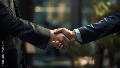 Two businessmen shake hands indicating that the agreement is successful with Generative AI