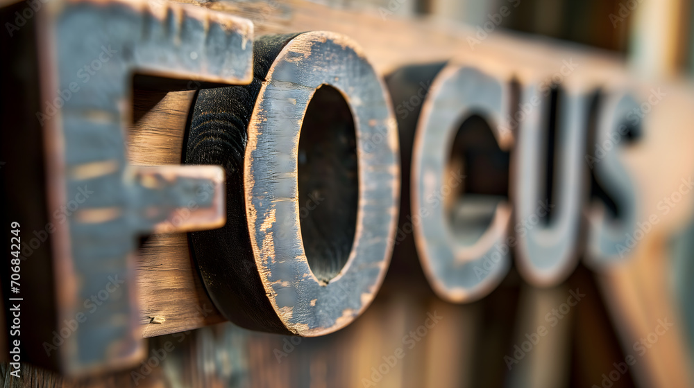 Close-up of vintage wooden focus word in a rustic texture