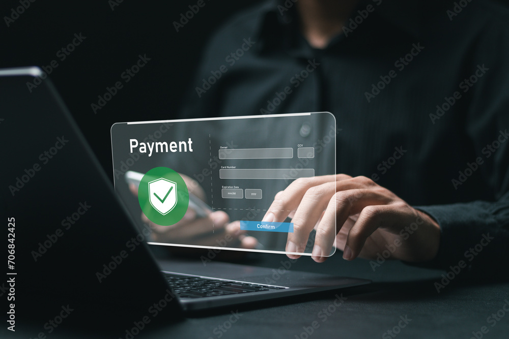 Businessman using laptop to online payment, banking and online shopping. financial transaction. Digital online payment concept.