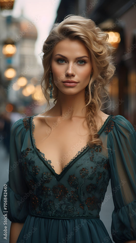 A beautiful Russian young girl in a green low-cut top on the streets of a large metropolis.