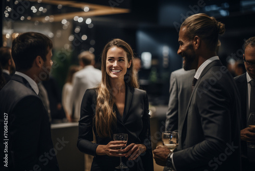 A corporate event where professionals network, exchange business cards, and build meaningful connections, showcasing the fusion of business and interpersonal dynamics.