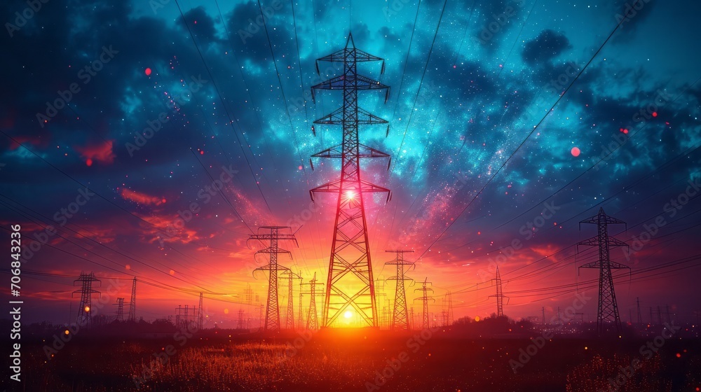 Naklejka premium High power electricity poles on technology abstract background.