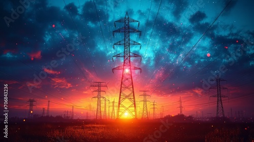 High power electricity poles on technology abstract background.