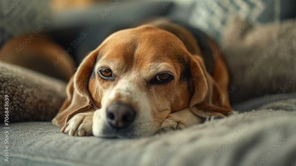 Relaxed beagle lying on a cozy grey knitted blanket.