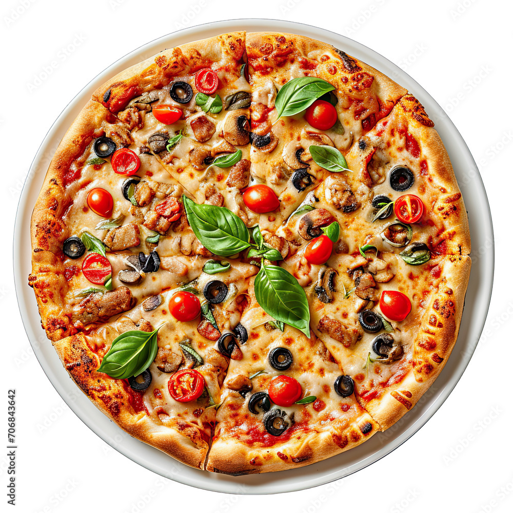 Plate of Pizza isolated on white background, top view Plate of Pizza isolated on white background, top view